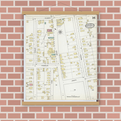 Old map wall art mockup — magnetic wood frame on brick wall — Sanborn Fire Insurance Map from Ashtabula, Ashtabula County, Ohio (1893), Sheet #0014