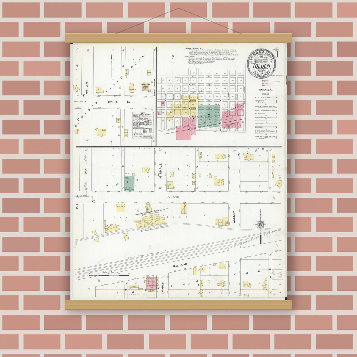 Old map wall art mockup — magnetic wood frame on brick wall — Sanborn Fire Insurance Map from Toluca, Marshall County, Illinois (1910), Sheet #0001