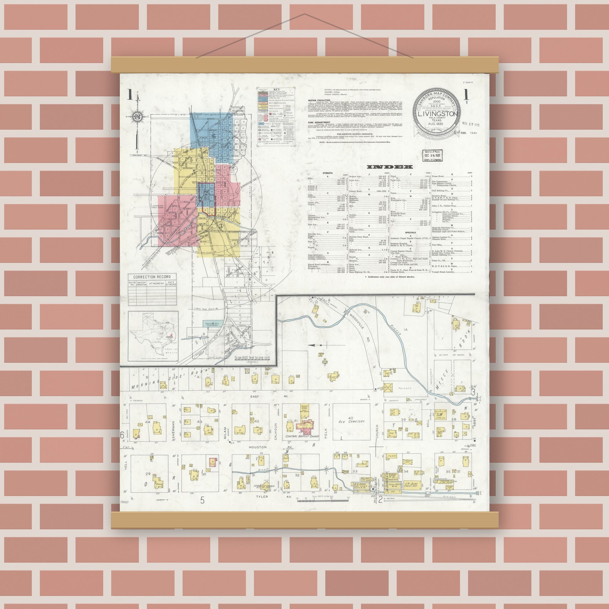Old map wall art mockup — magnetic wood frame on brick wall — Sanborn Fire Insurance Map from Livingston, Polk County, Texas (1935), Sheet #0001