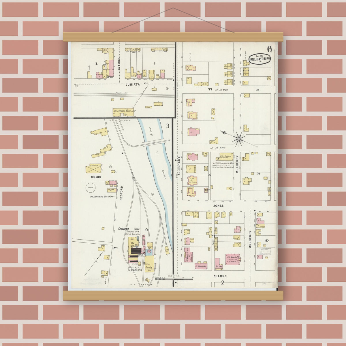Old map wall art mockup — magnetic wood frame on brick wall — Sanborn Fire Insurance Map from Hollidaysburg, Blair County, Pennsylvania (1896), Sheet #0006