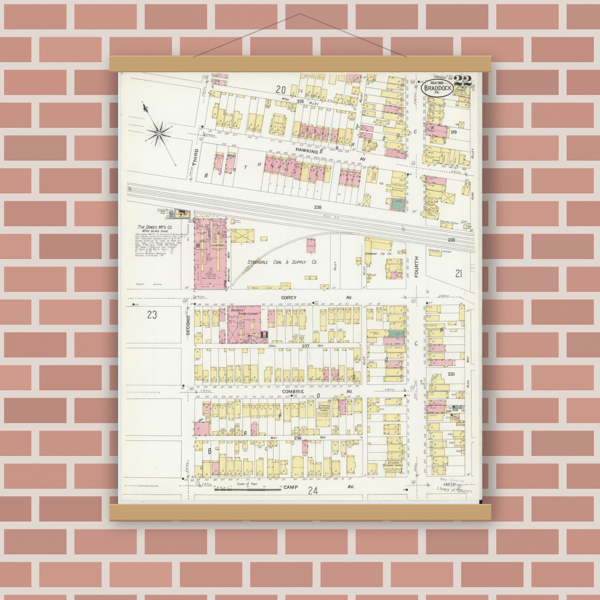 Old map wall art mockup — magnetic wood frame on brick wall — Sanborn Fire Insurance Map from Braddock, Allegheny County, Pennsylvania (1908), Sheet #0022