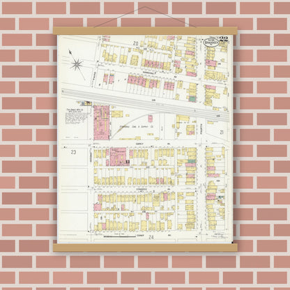 Old map wall art mockup — magnetic wood frame on brick wall — Sanborn Fire Insurance Map from Braddock, Allegheny County, Pennsylvania (1908), Sheet #0022