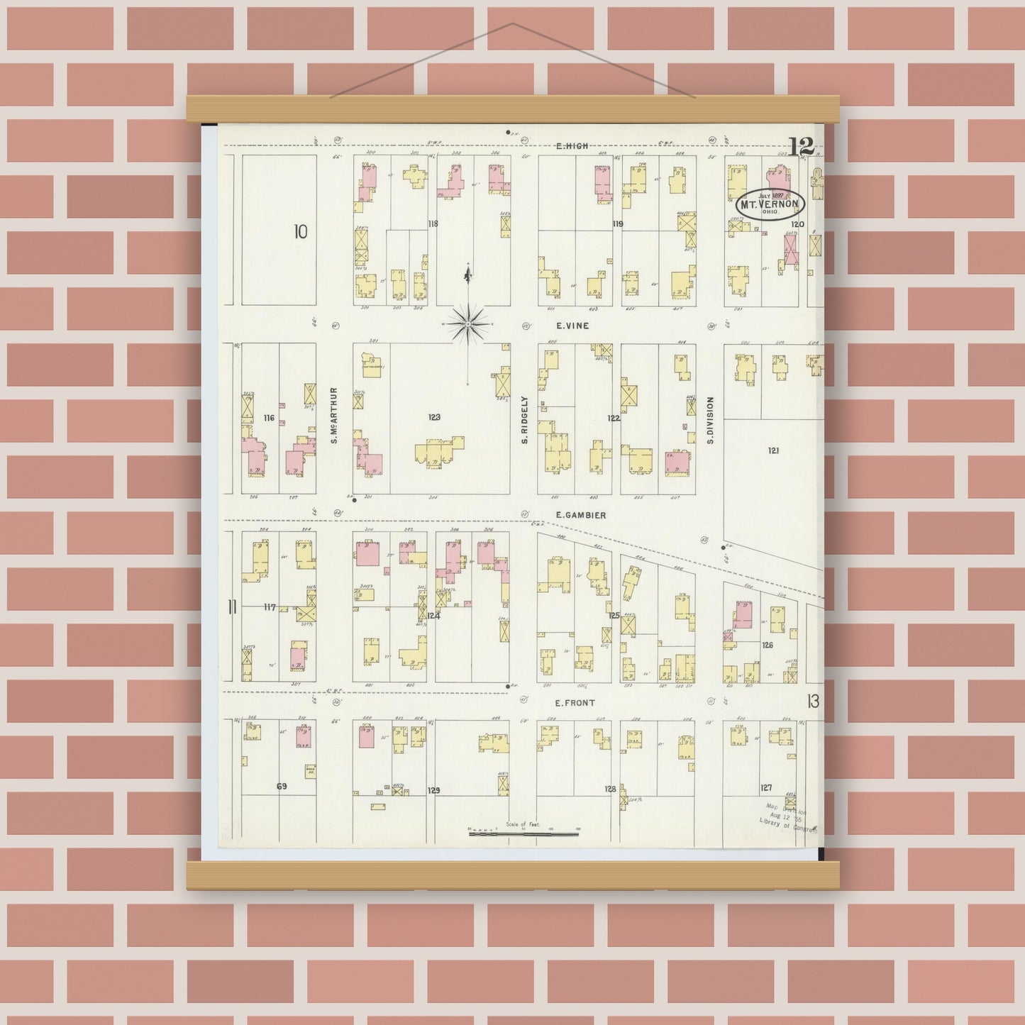 Old map wall art mockup — magnetic wood frame on brick wall — Sanborn Fire Insurance Map from Mount Vernon, Knox County, Ohio (1897), Sheet #0012