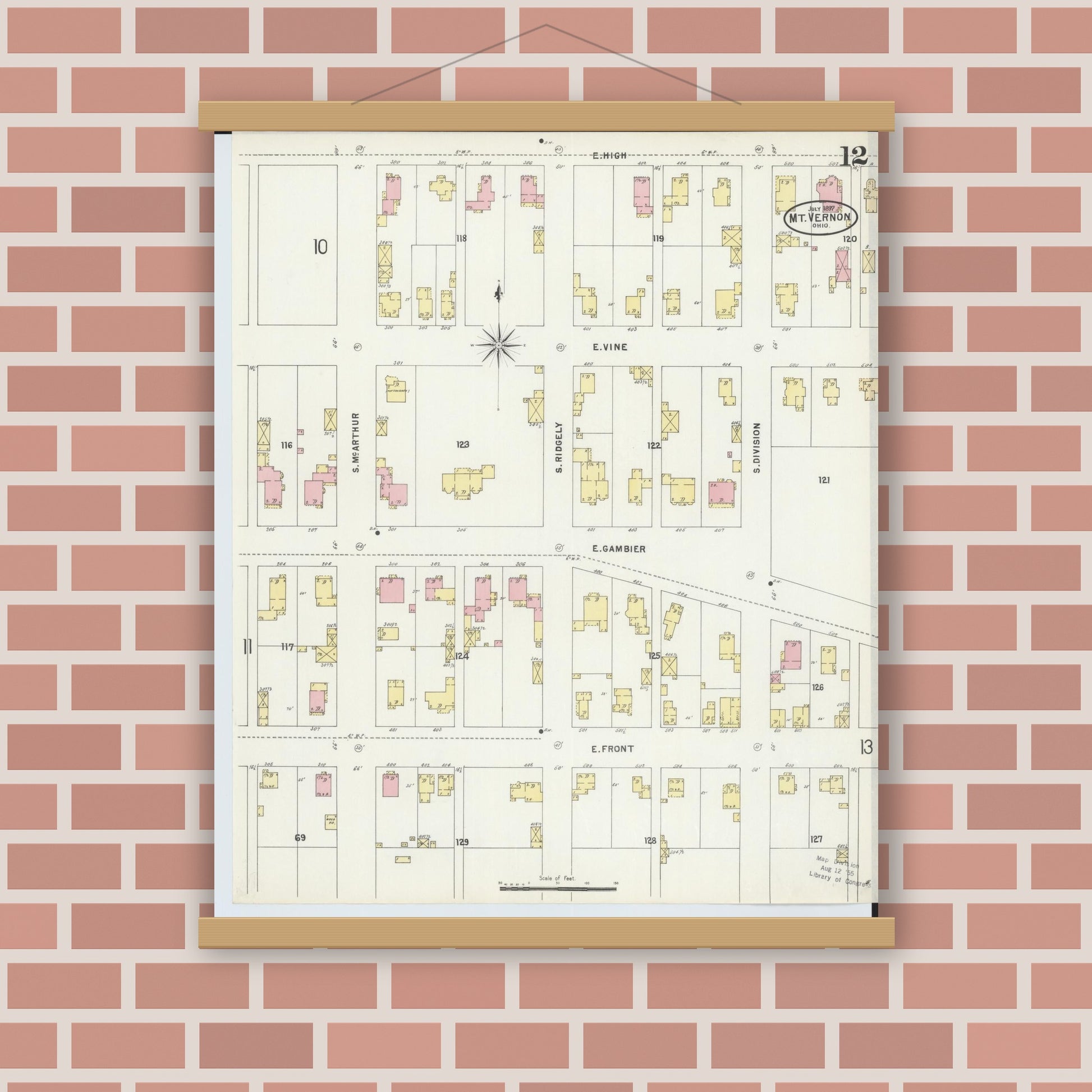 Old map wall art mockup — magnetic wood frame on brick wall — Sanborn Fire Insurance Map from Mount Vernon, Knox County, Ohio (1897), Sheet #0012