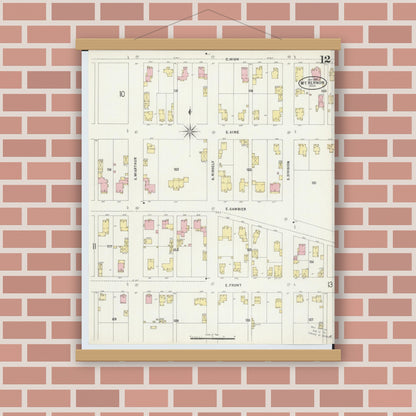 Old map wall art mockup — magnetic wood frame on brick wall — Sanborn Fire Insurance Map from Mount Vernon, Knox County, Ohio (1897), Sheet #0012