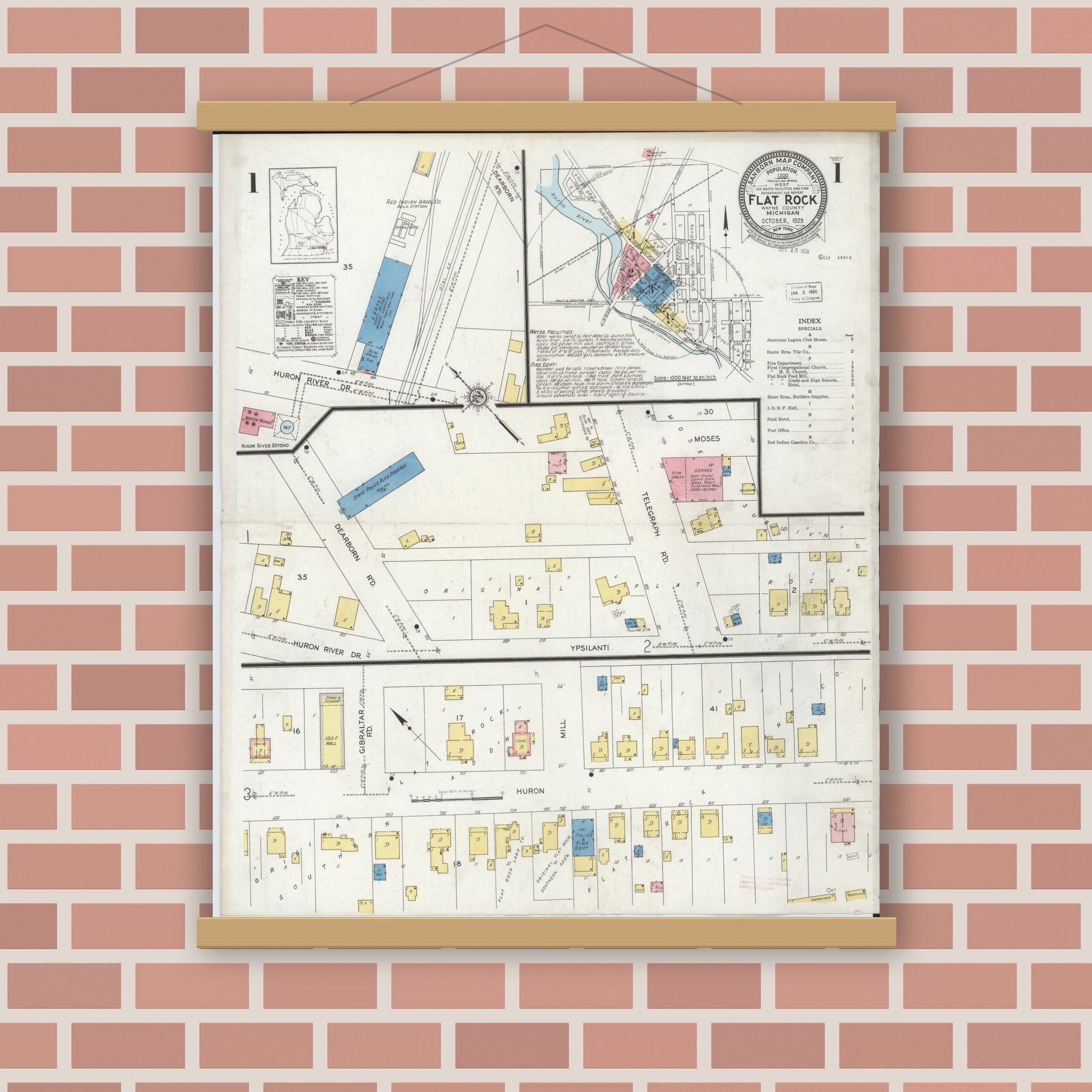 Old map wall art mockup — magnetic wood frame on brick wall — Sanborn Fire Insurance Map from Flat Rock, Wayne County, Michigan (1929) - Complete Map Set