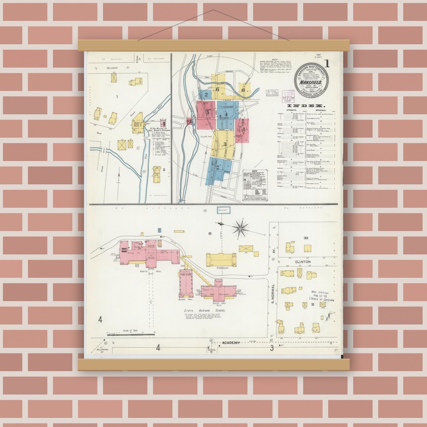 Old map wall art mockup — magnetic wood frame on brick wall — Sanborn Fire Insurance Map from Mansfield, Tioga County, Pennsylvania (1904) - Complete Map Set