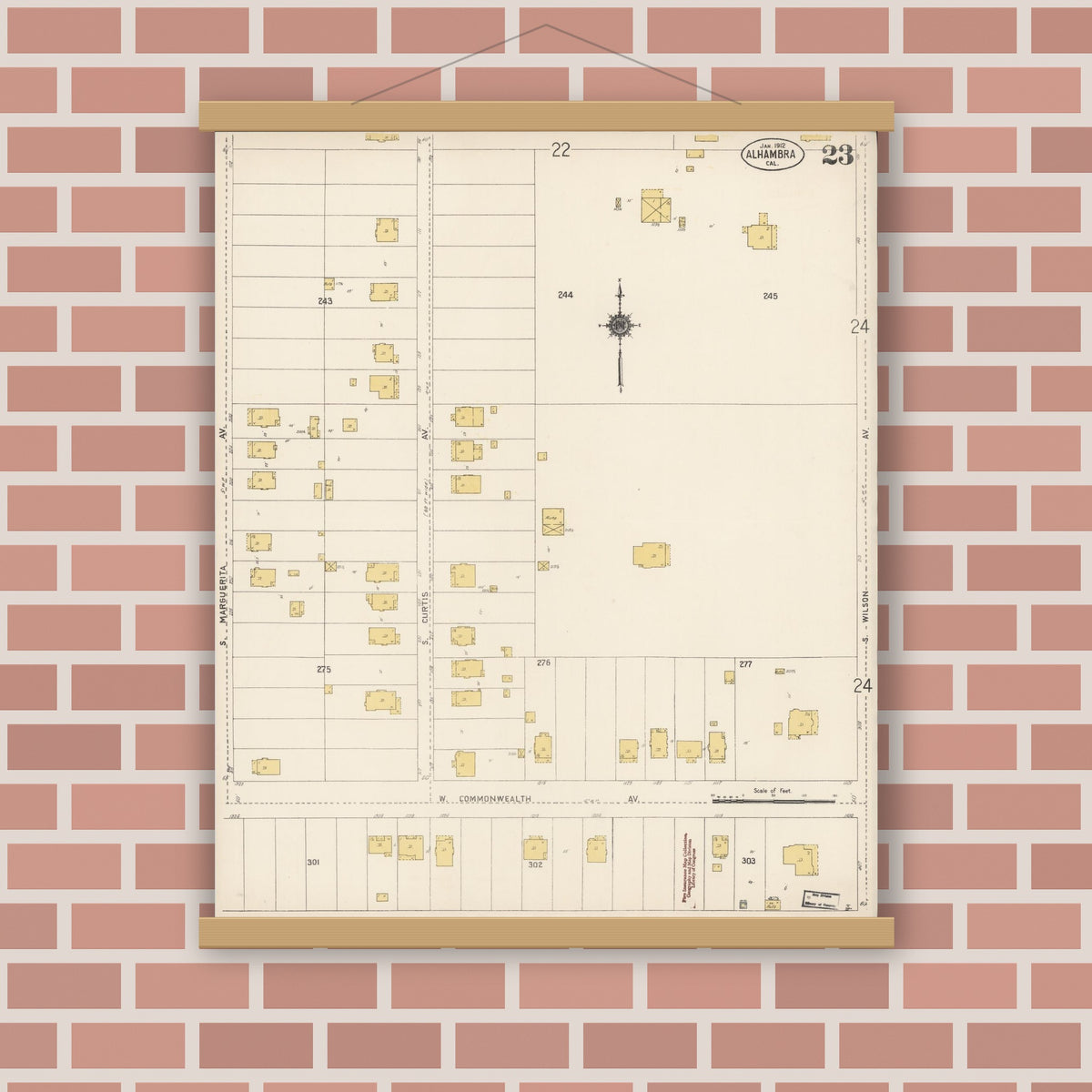 Old map wall art mockup — magnetic wood frame on brick wall — Sanborn Fire Insurance Map from Alhambra, Los Angeles County, California (1912), Sheet #0023
