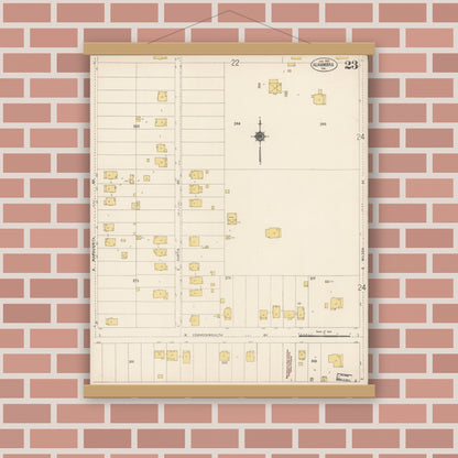 Old map wall art mockup — magnetic wood frame on brick wall — Sanborn Fire Insurance Map from Alhambra, Los Angeles County, California (1912), Sheet #0023