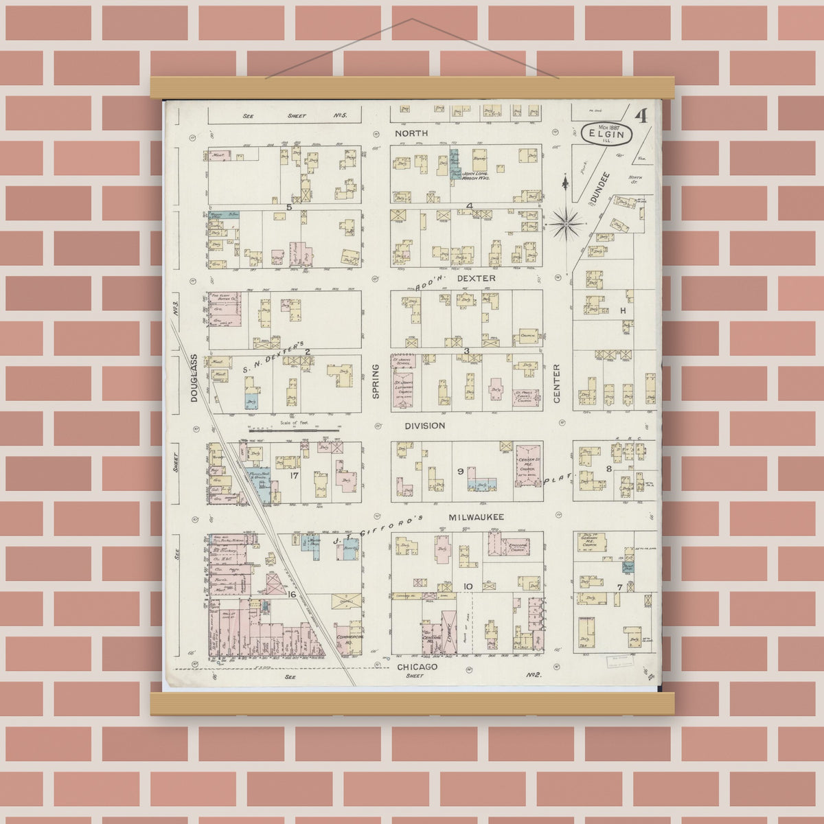 Old map wall art mockup — magnetic wood frame on brick wall — Sanborn Fire Insurance Map from Elgin, Kane County, Illinois (1887), Sheet #0004