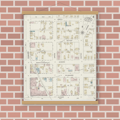 Old map wall art mockup — magnetic wood frame on brick wall — Sanborn Fire Insurance Map from Elgin, Kane County, Illinois (1887), Sheet #0004