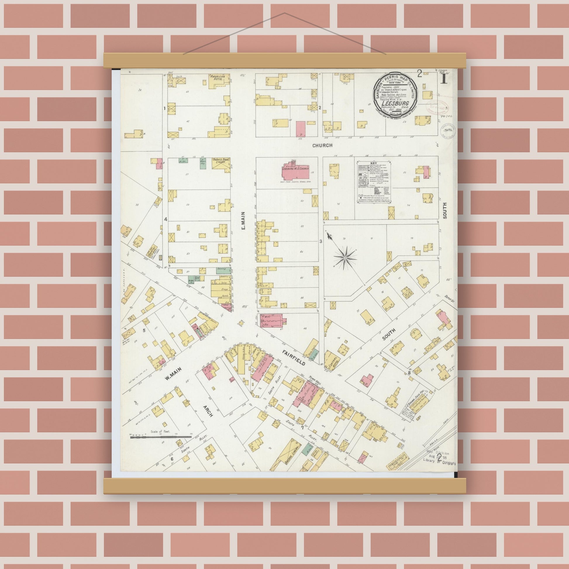 Old map wall art mockup — magnetic wood frame on brick wall — Sanborn Fire Insurance Map from Leesburg, Highland County, Ohio (1899), Sheet #0001