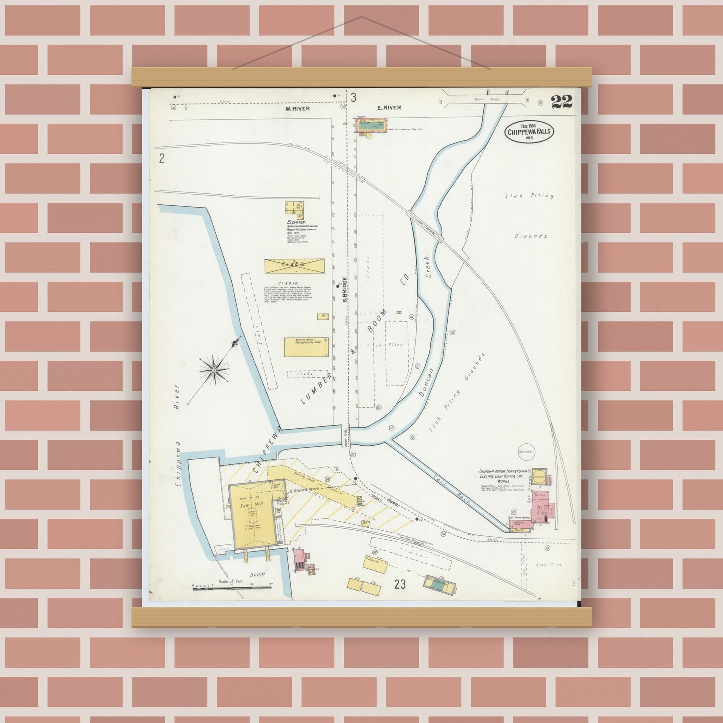 Old map wall art mockup — magnetic wood frame on brick wall — Sanborn Fire Insurance Map from Chippewa Falls, Chippewa County, Wisconsin (1903), Sheet #0022