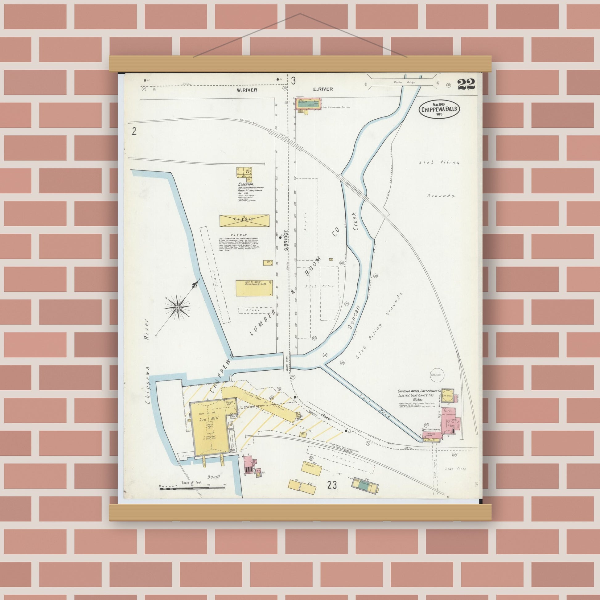Old map wall art mockup — magnetic wood frame on brick wall — Sanborn Fire Insurance Map from Chippewa Falls, Chippewa County, Wisconsin (1903), Sheet #0022