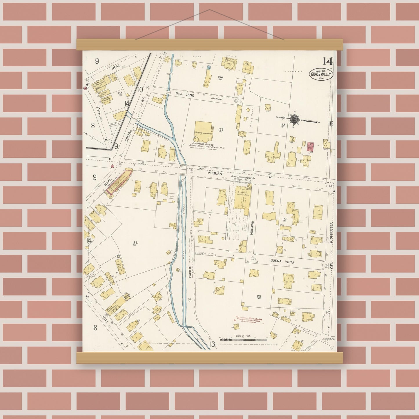 Old map wall art mockup — magnetic wood frame on brick wall — Sanborn Fire Insurance Map from Grass Valley, Nevada County, California (1912), Sheet #0014