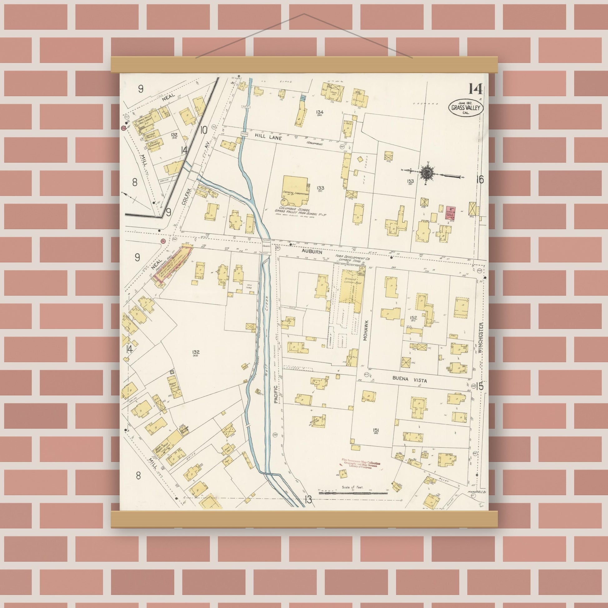 Old map wall art mockup — magnetic wood frame on brick wall — Sanborn Fire Insurance Map from Grass Valley, Nevada County, California (1912), Sheet #0014