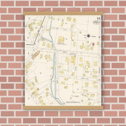 Old map wall art mockup — magnetic wood frame on brick wall — Sanborn Fire Insurance Map from Grass Valley, Nevada County, California (1912), Sheet #0014