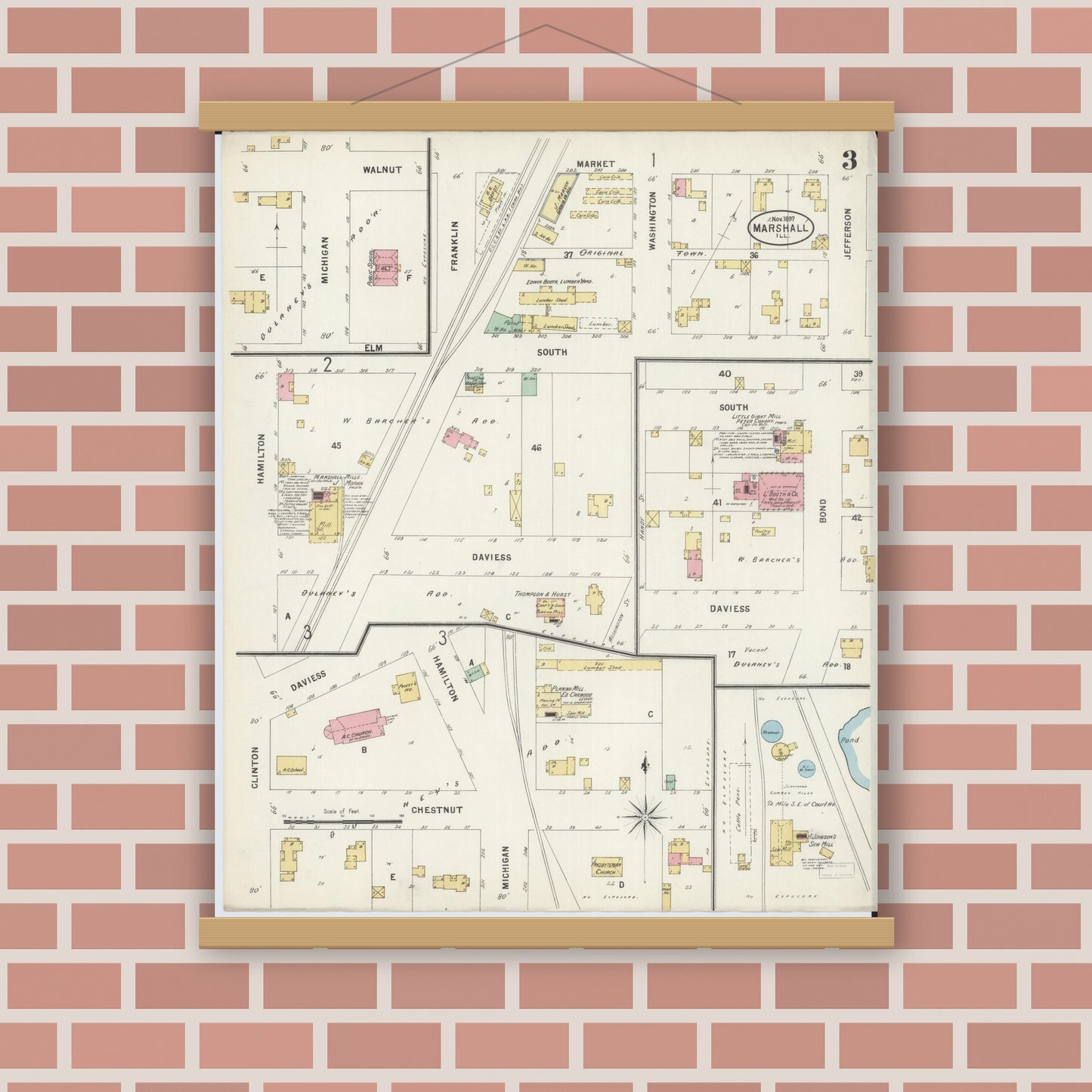Old map wall art mockup — magnetic wood frame on brick wall — Sanborn Fire Insurance Map from Marshall, Clark County, Illinois (1897), Sheet #0003