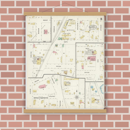 Old map wall art mockup — magnetic wood frame on brick wall — Sanborn Fire Insurance Map from Marshall, Clark County, Illinois (1897), Sheet #0003