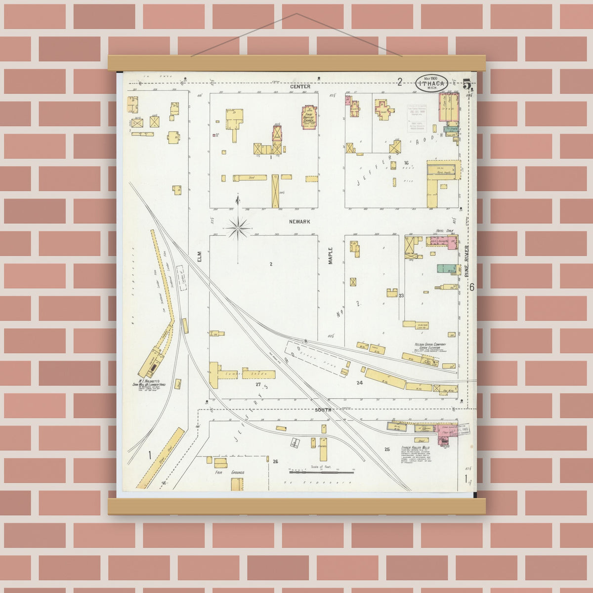Old map wall art mockup — magnetic wood frame on brick wall — Sanborn Fire Insurance Map from Ithaca, Gratiot County, Michigan (1900), Sheet #0005