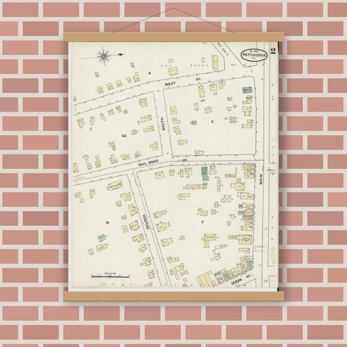 Old map wall art mockup — magnetic wood frame on brick wall — Sanborn Fire Insurance Map from Patchogue, Suffolk County, New York (1891), Sheet #0002
