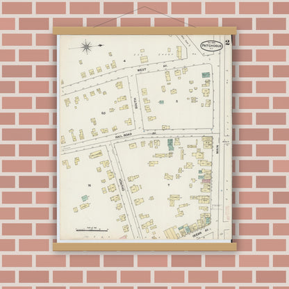 Old map wall art mockup — magnetic wood frame on brick wall — Sanborn Fire Insurance Map from Patchogue, Suffolk County, New York (1891), Sheet #0002