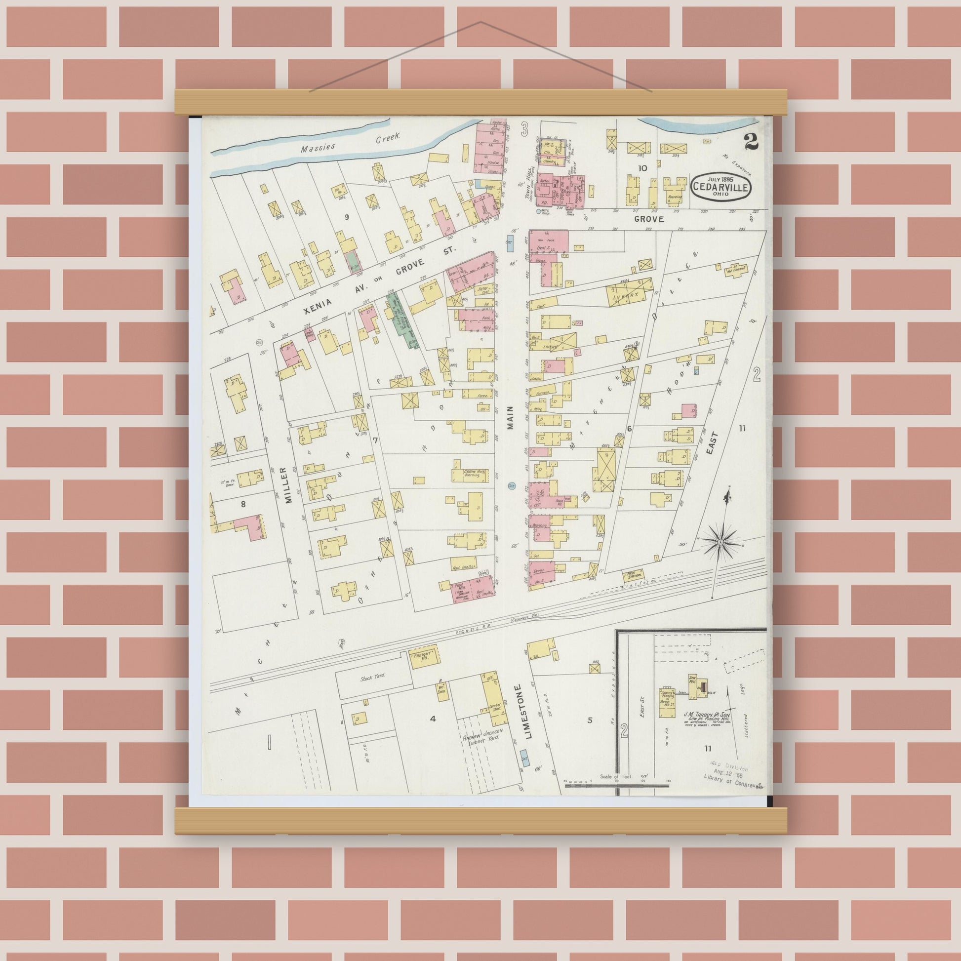 Old map wall art mockup — magnetic wood frame on brick wall — Sanborn Fire Insurance Map from Cedarville, Greene County, Ohio (1895), Sheet #0002