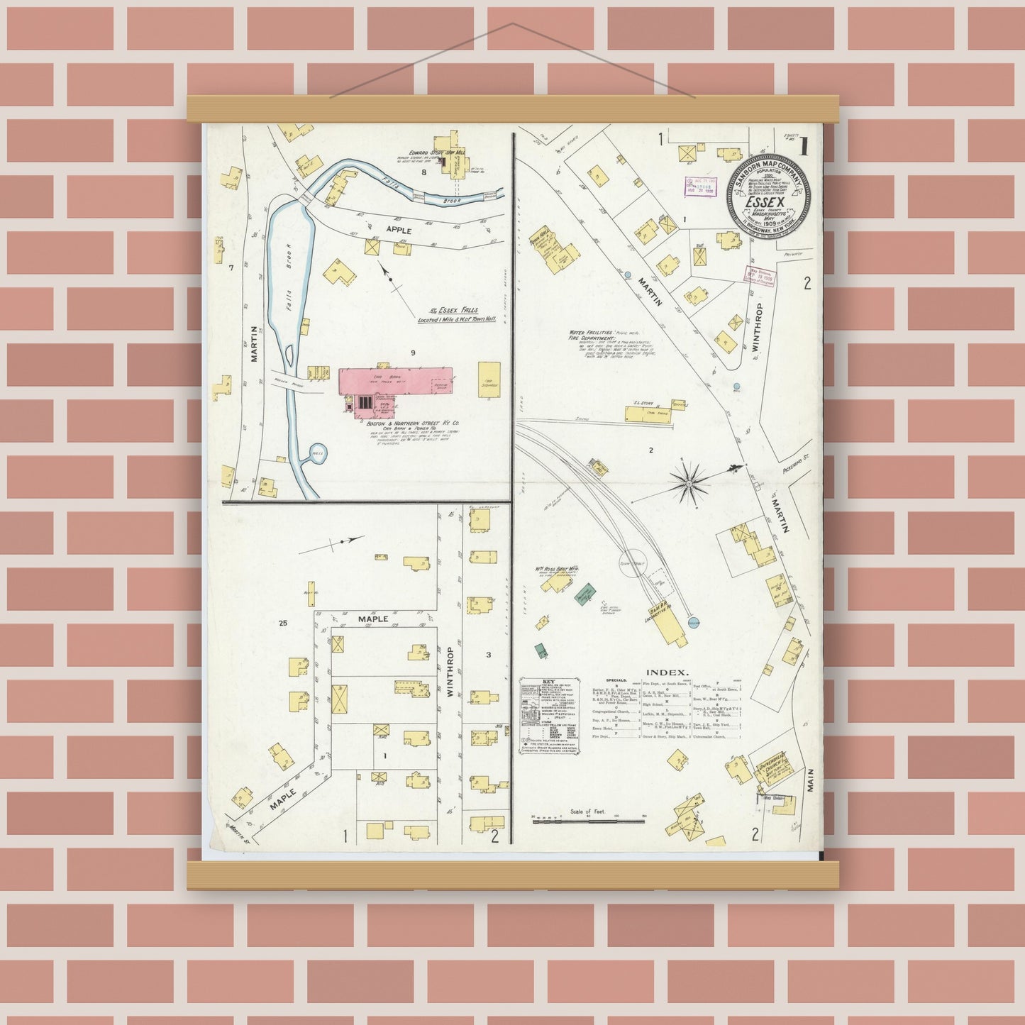 Old map wall art mockup — magnetic wood frame on brick wall — Sanborn Fire Insurance Map from Essex, Essex County, Massachusetts (1909), Sheet #0001