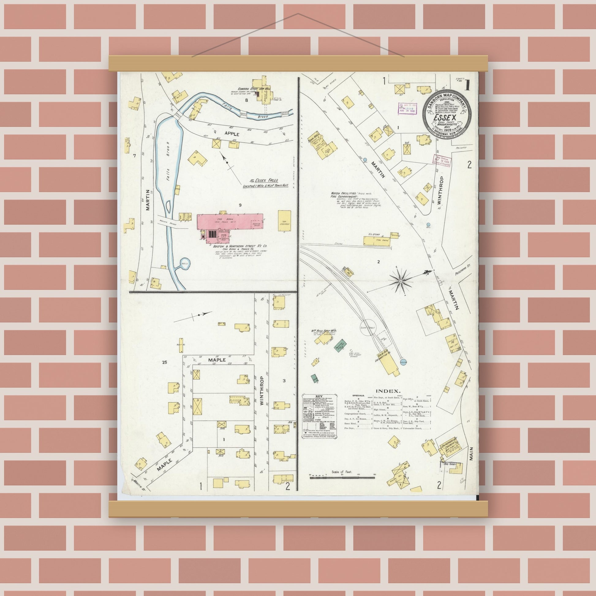 Old map wall art mockup — magnetic wood frame on brick wall — Sanborn Fire Insurance Map from Essex, Essex County, Massachusetts (1909), Sheet #0001