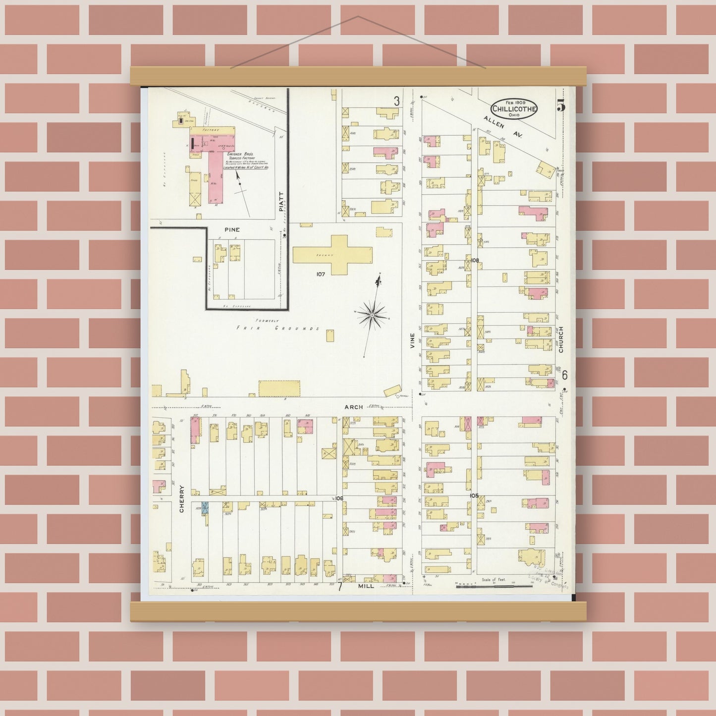 Old map wall art mockup — magnetic wood frame on brick wall — Sanborn Fire Insurance Map from Chillicothe, Ross County, Ohio (1909), Sheet #0005