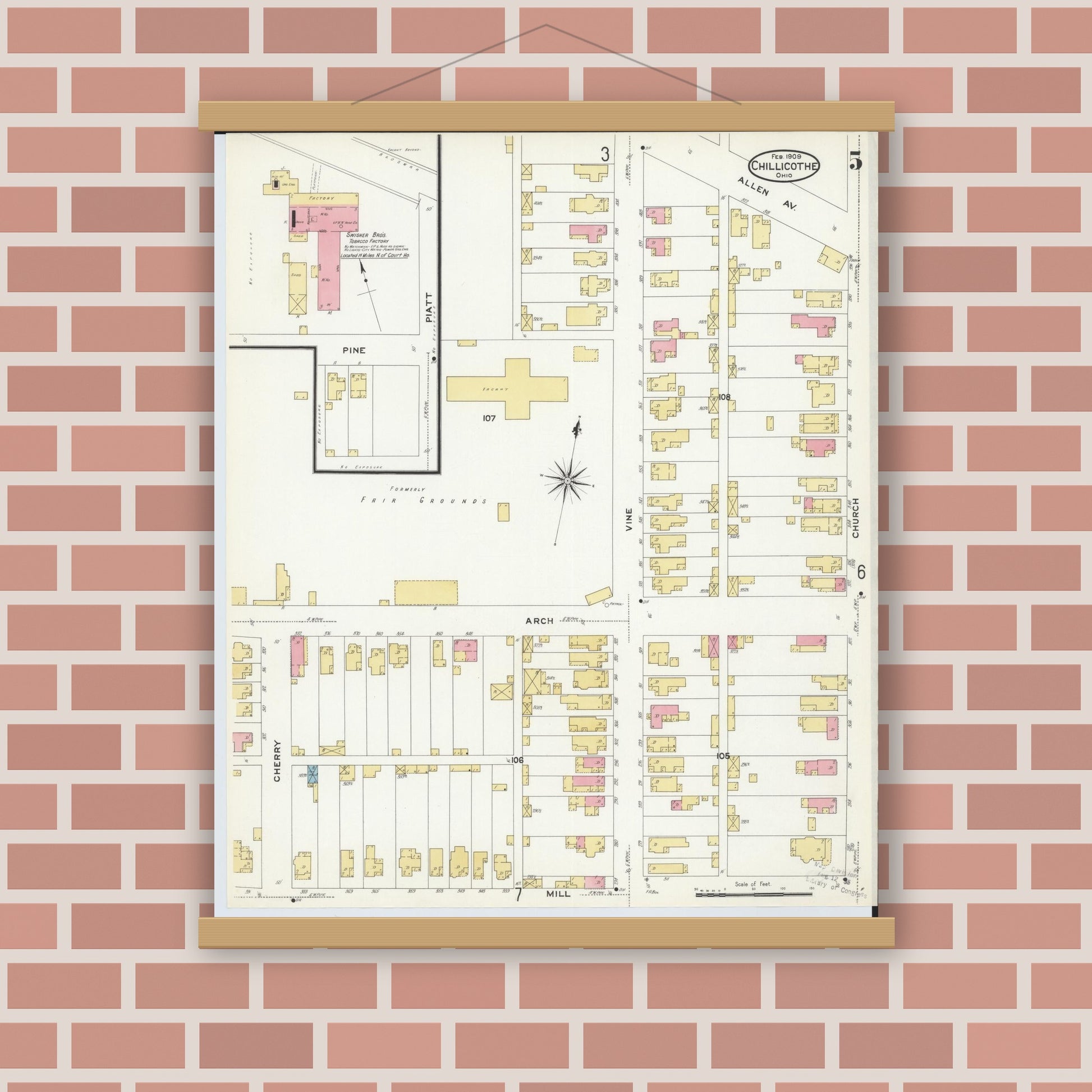Old map wall art mockup — magnetic wood frame on brick wall — Sanborn Fire Insurance Map from Chillicothe, Ross County, Ohio (1909), Sheet #0005