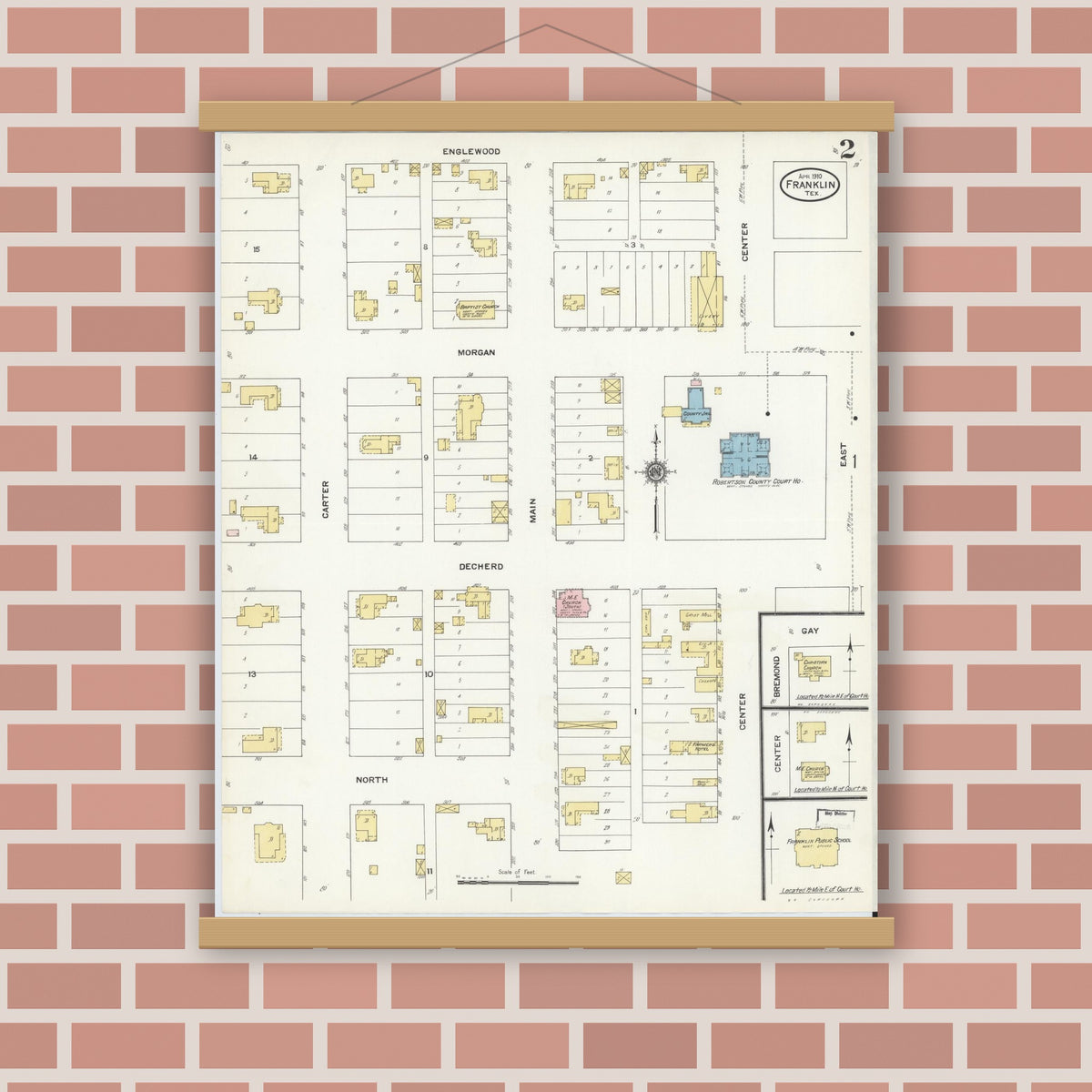 Old map wall art mockup — magnetic wood frame on brick wall — Sanborn Fire Insurance Map from Franklin, Robertson County, Texas (1910), Sheet #0002