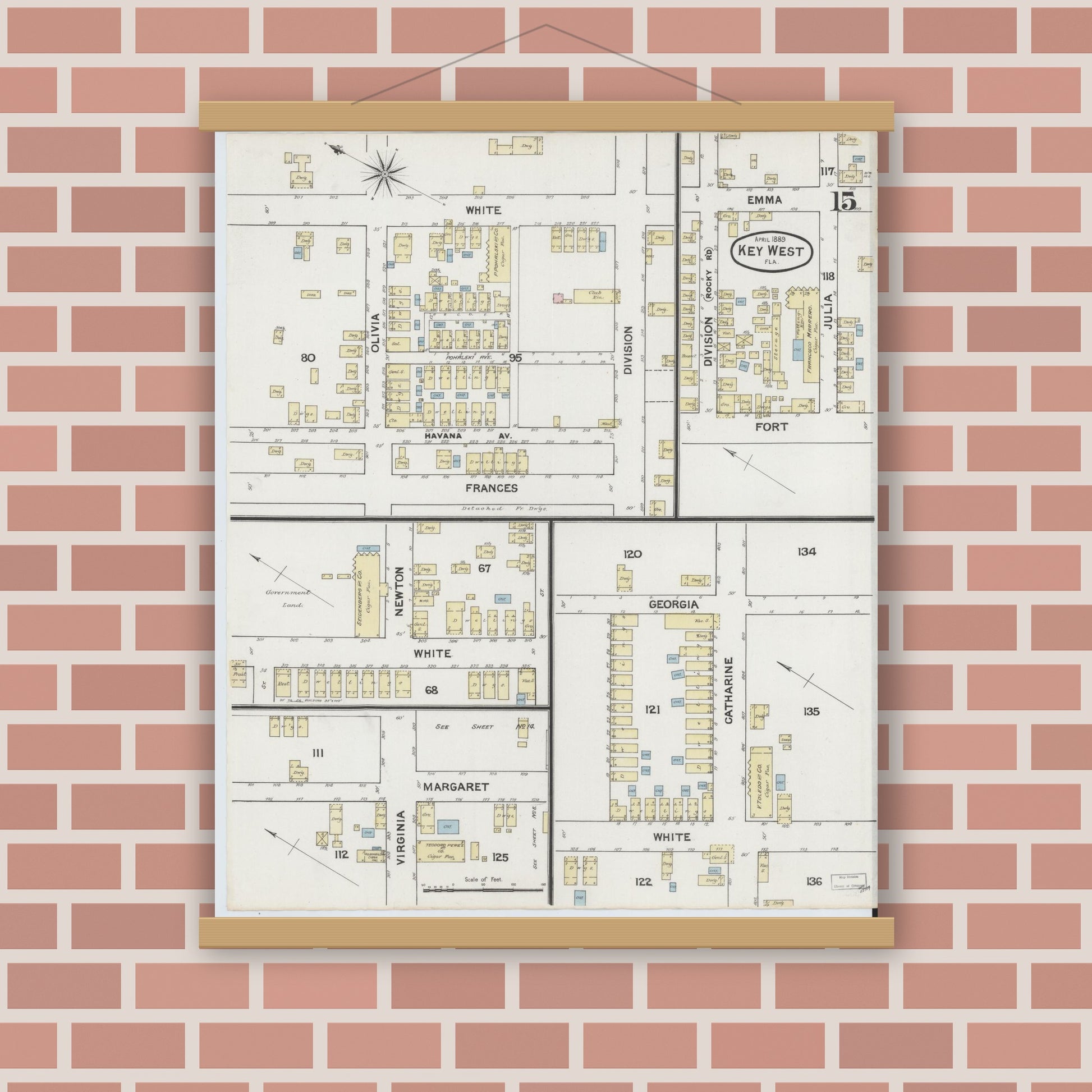Old map wall art mockup — magnetic wood frame on brick wall — Sanborn Fire Insurance Map from Key West, Monroe County, Florida (1889), Sheet #0015