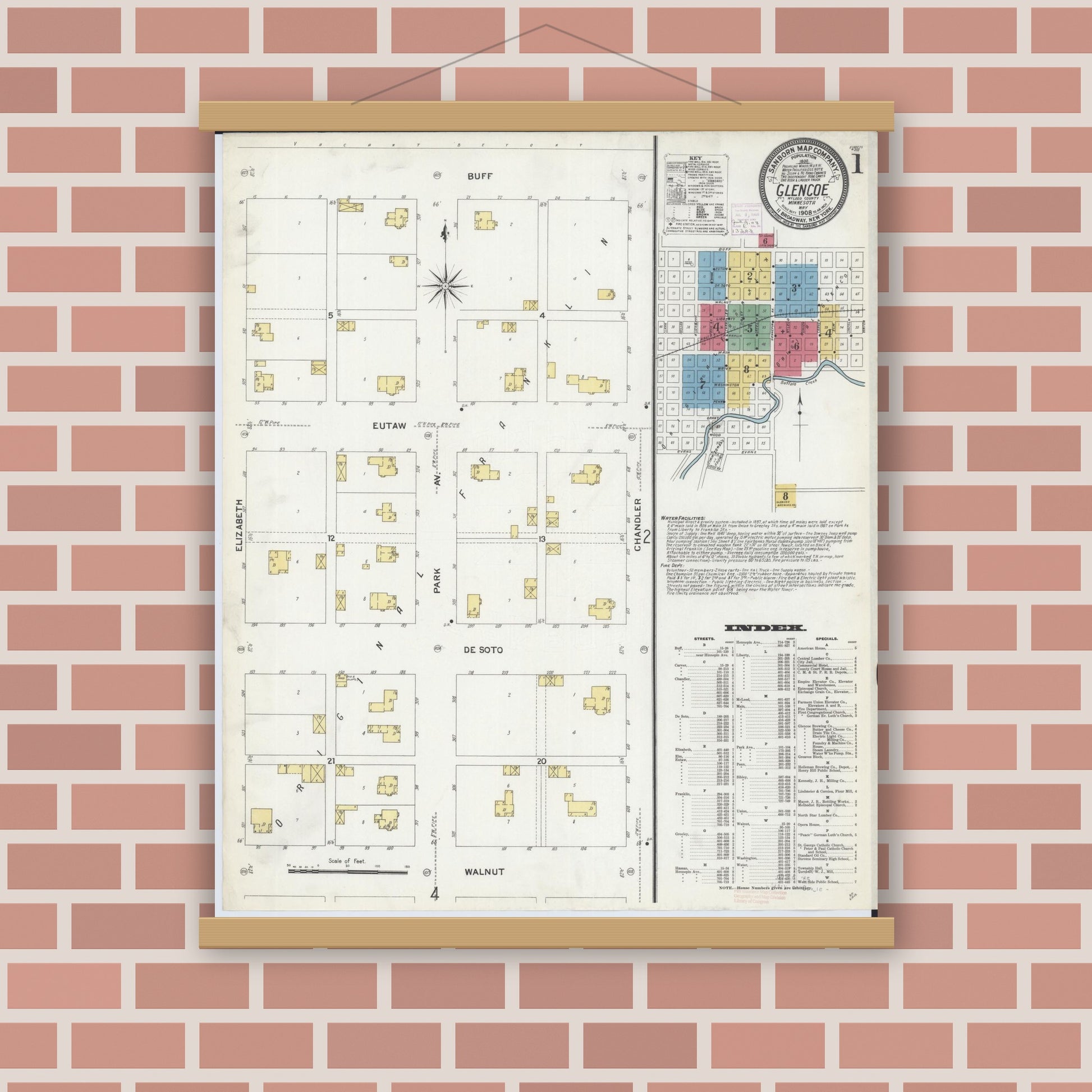 Old map wall art mockup — magnetic wood frame on brick wall — Sanborn Fire Insurance Map from Glencoe, Mcleod County, Minnesota (1908), Sheet #0001