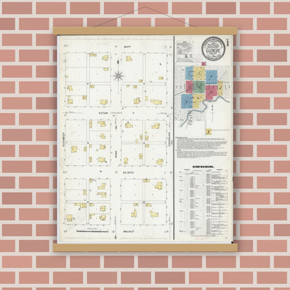 Old map wall art mockup — magnetic wood frame on brick wall — Sanborn Fire Insurance Map from Glencoe, Mcleod County, Minnesota (1908), Sheet #0001