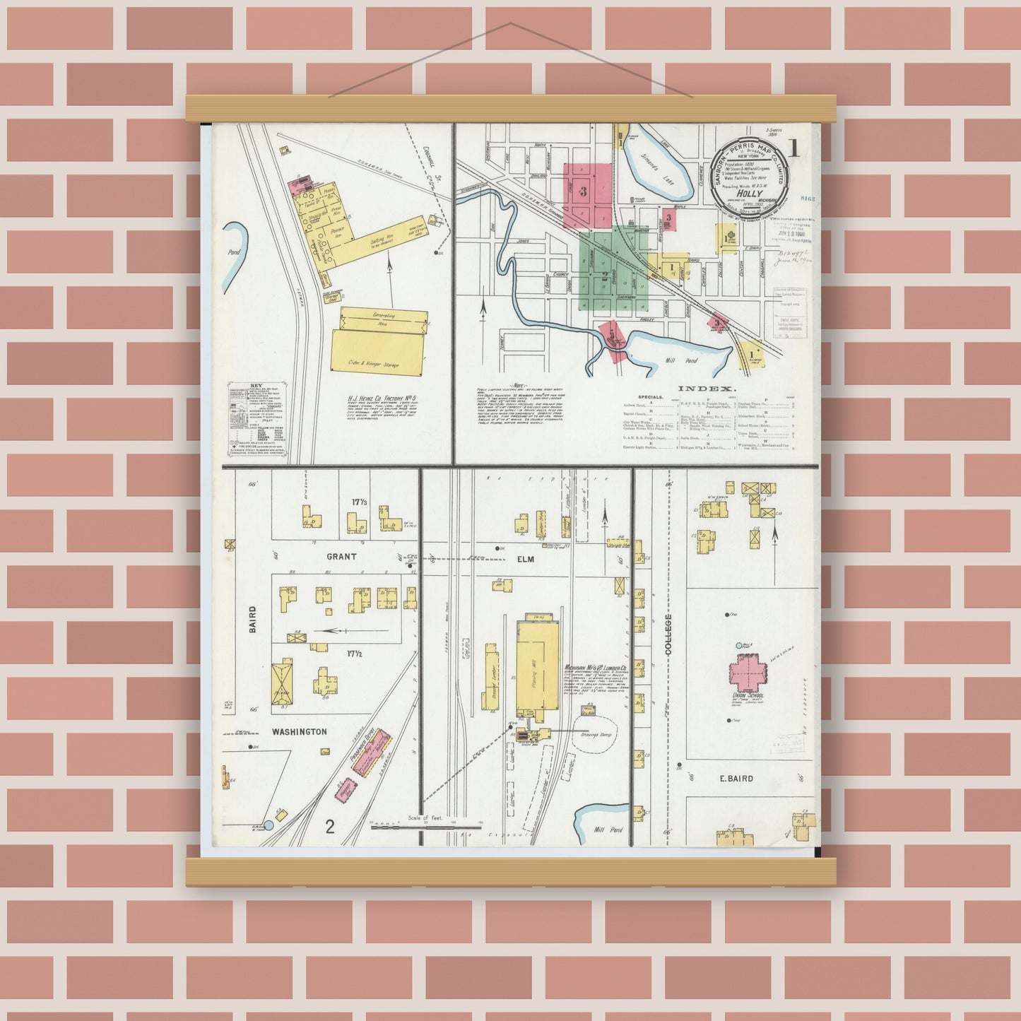 Old map wall art mockup — magnetic wood frame on brick wall — Sanborn Fire Insurance Map from Holly, Oakland County, Michigan (1900) - Complete Map Set