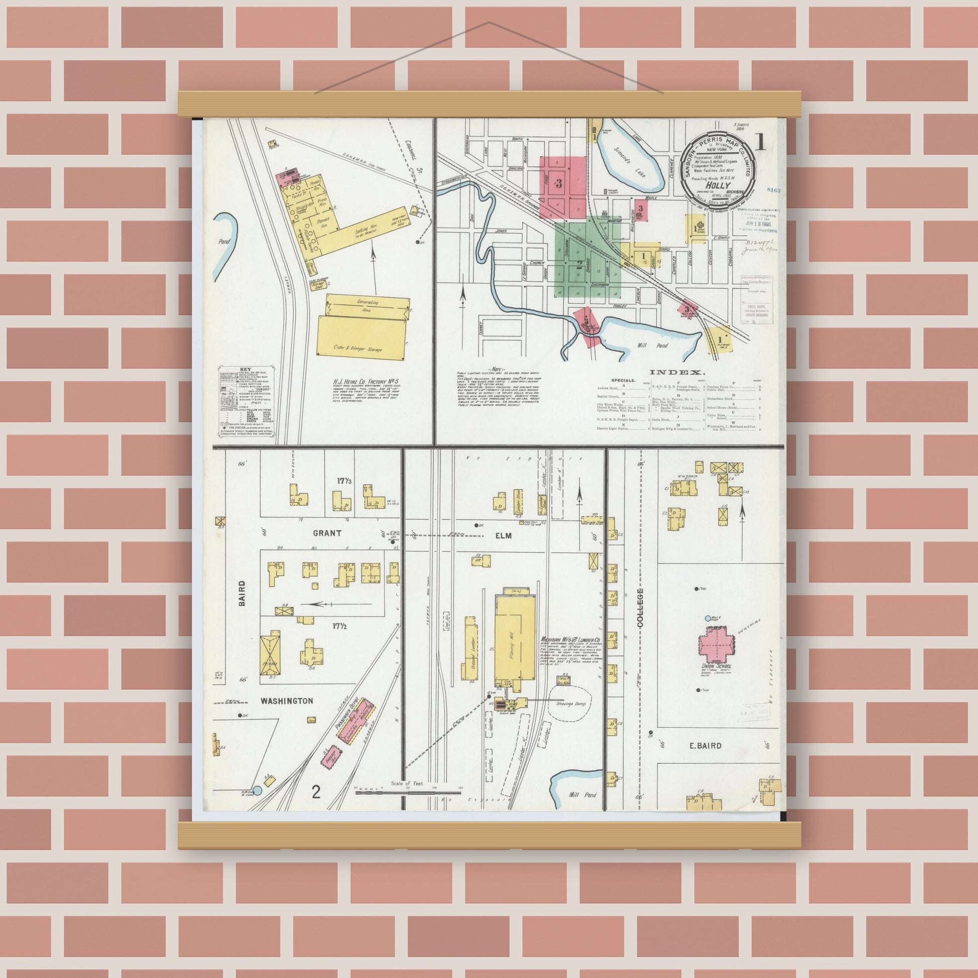 Old map wall art mockup — magnetic wood frame on brick wall — Sanborn Fire Insurance Map from Holly, Oakland County, Michigan (1900) - Complete Map Set