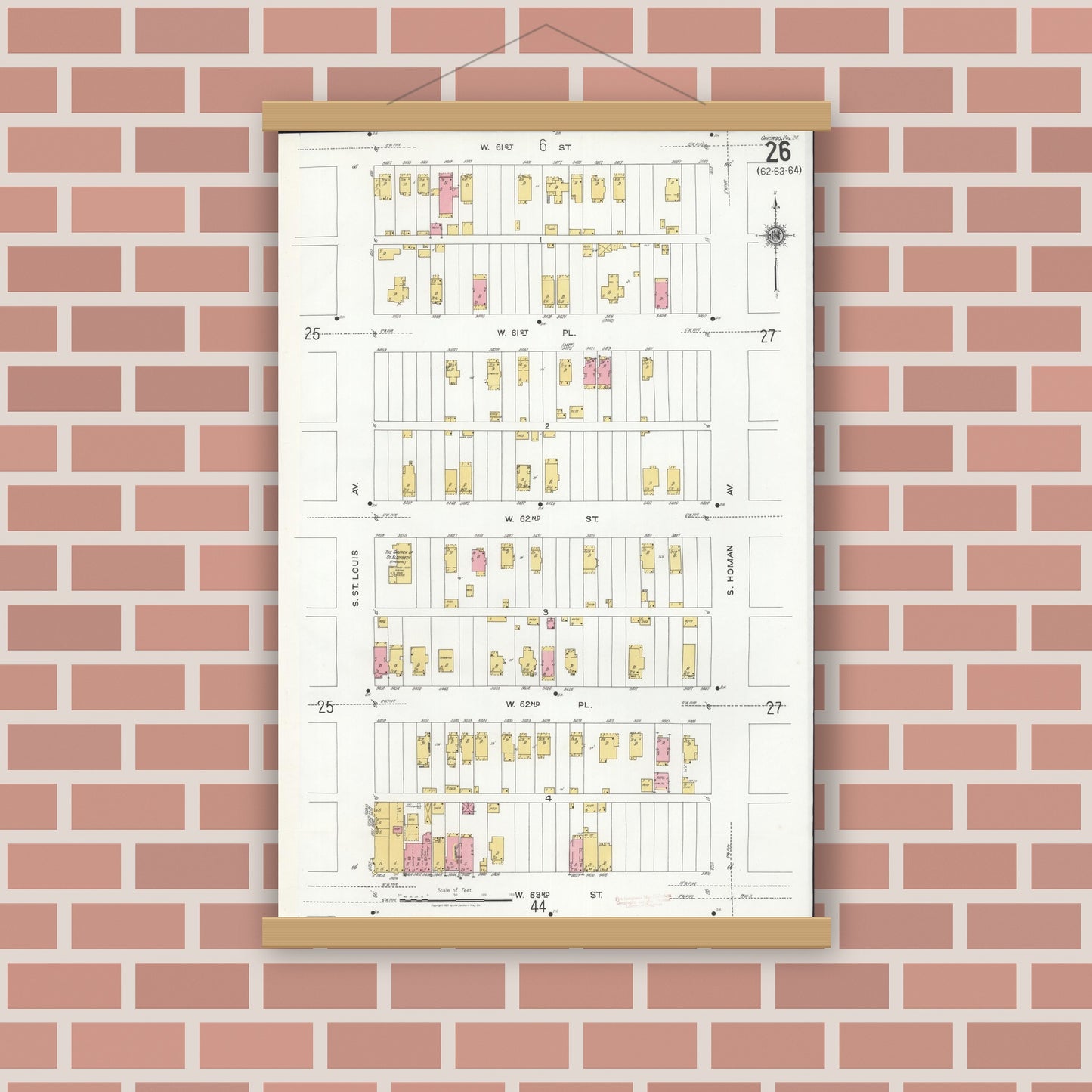 Old map wall art mockup — magnetic wood frame on brick wall — Sanborn Fire Insurance Map from Chicago, Cook County, Illinois (1920), Sheet #0026
