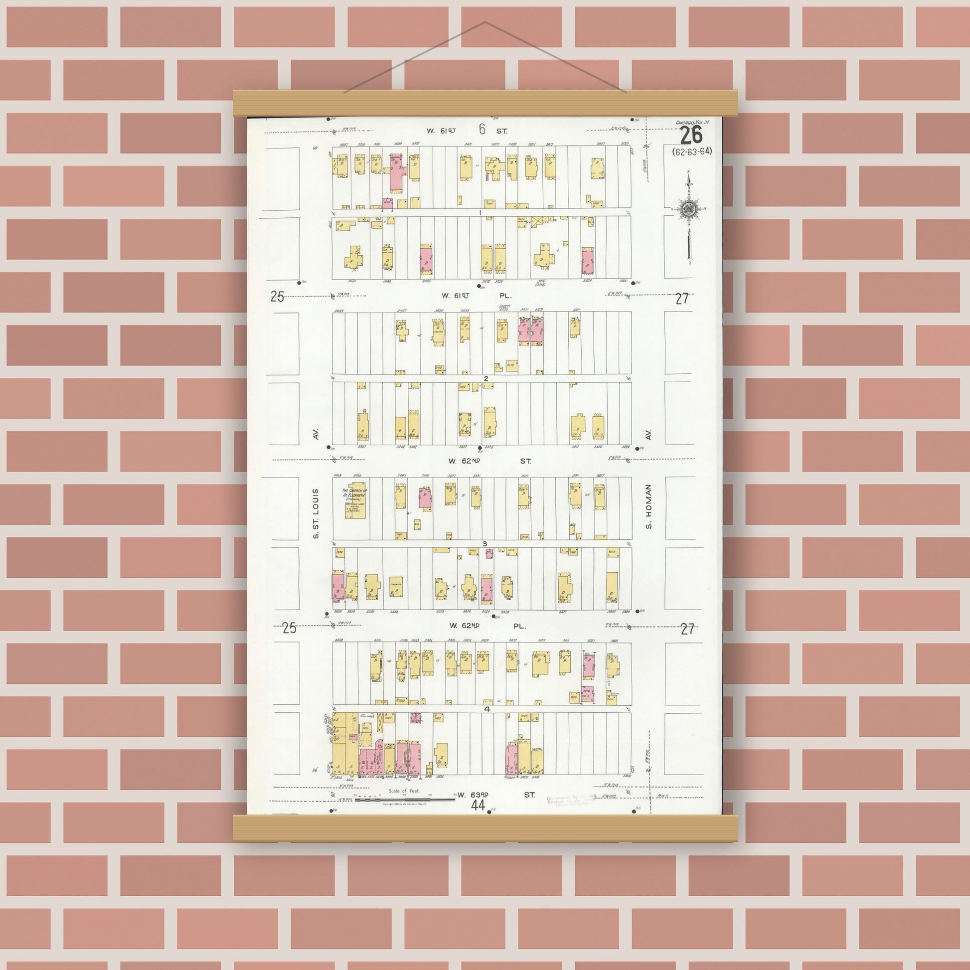 Old map wall art mockup — magnetic wood frame on brick wall — Sanborn Fire Insurance Map from Chicago, Cook County, Illinois (1920), Sheet #0026