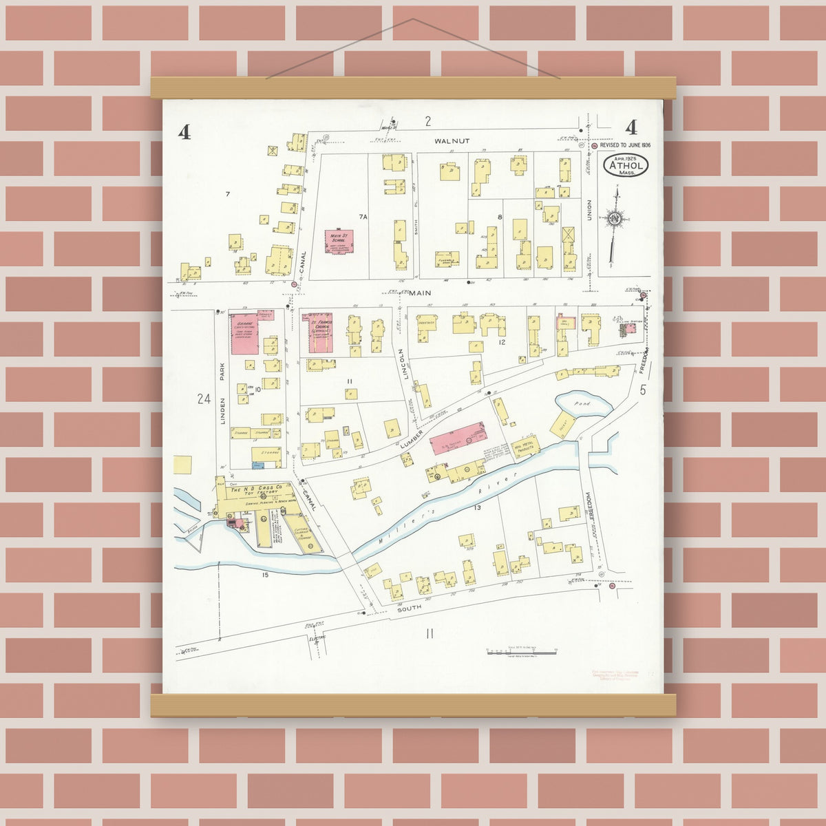 Old map wall art mockup — magnetic wood frame on brick wall — Sanborn Fire Insurance Map from Athol, Worcester County, Massachusetts (1936), Sheet #0004