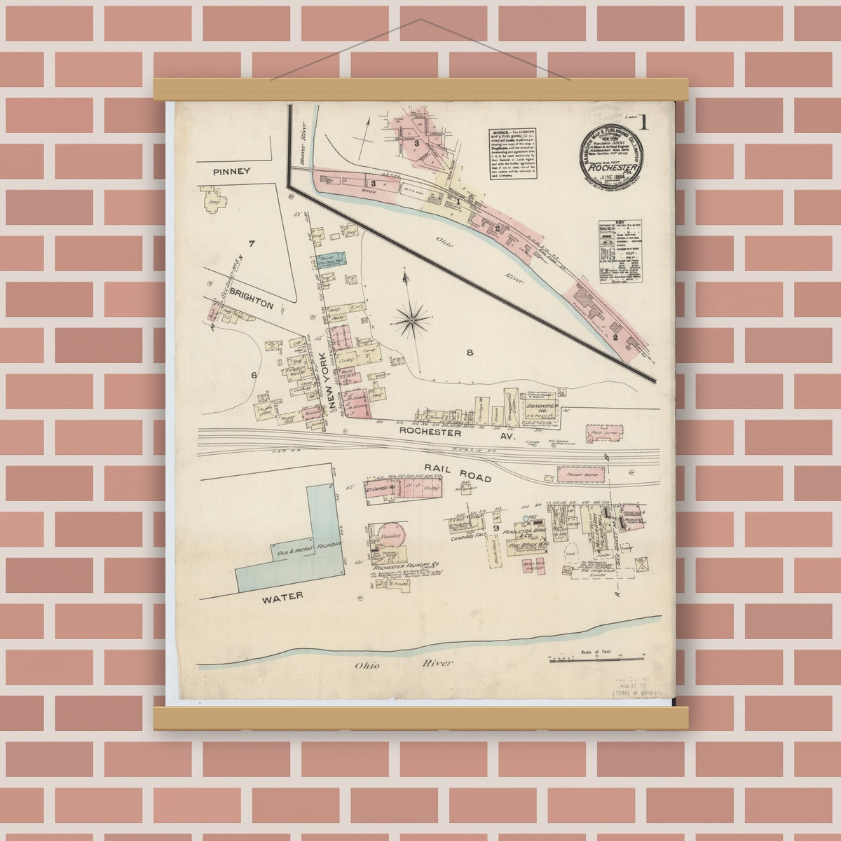 Old map wall art mockup — magnetic wood frame on brick wall — Sanborn Fire Insurance Map from Rochester, Beaver County, Pennsylvania (1884), Sheet #0001