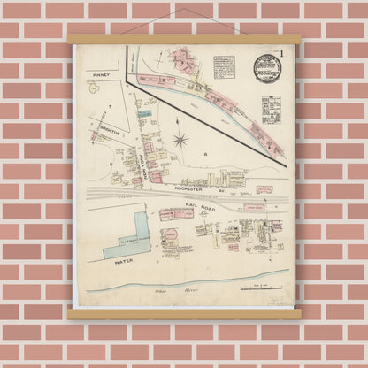 Old map wall art mockup — magnetic wood frame on brick wall — Sanborn Fire Insurance Map from Rochester, Beaver County, Pennsylvania (1884), Sheet #0001