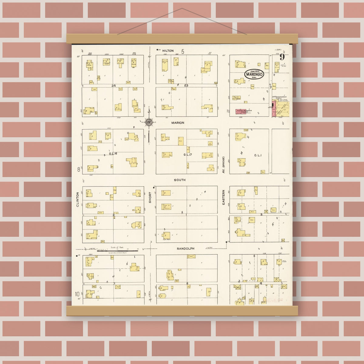 Old map wall art mockup — magnetic wood frame on brick wall — Sanborn Fire Insurance Map from Marengo, Iowa County, Iowa (1922), Sheet #0009