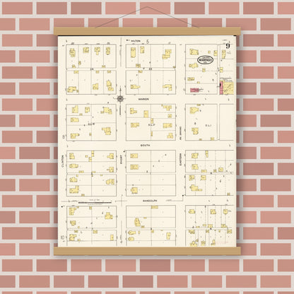 Old map wall art mockup — magnetic wood frame on brick wall — Sanborn Fire Insurance Map from Marengo, Iowa County, Iowa (1922), Sheet #0009