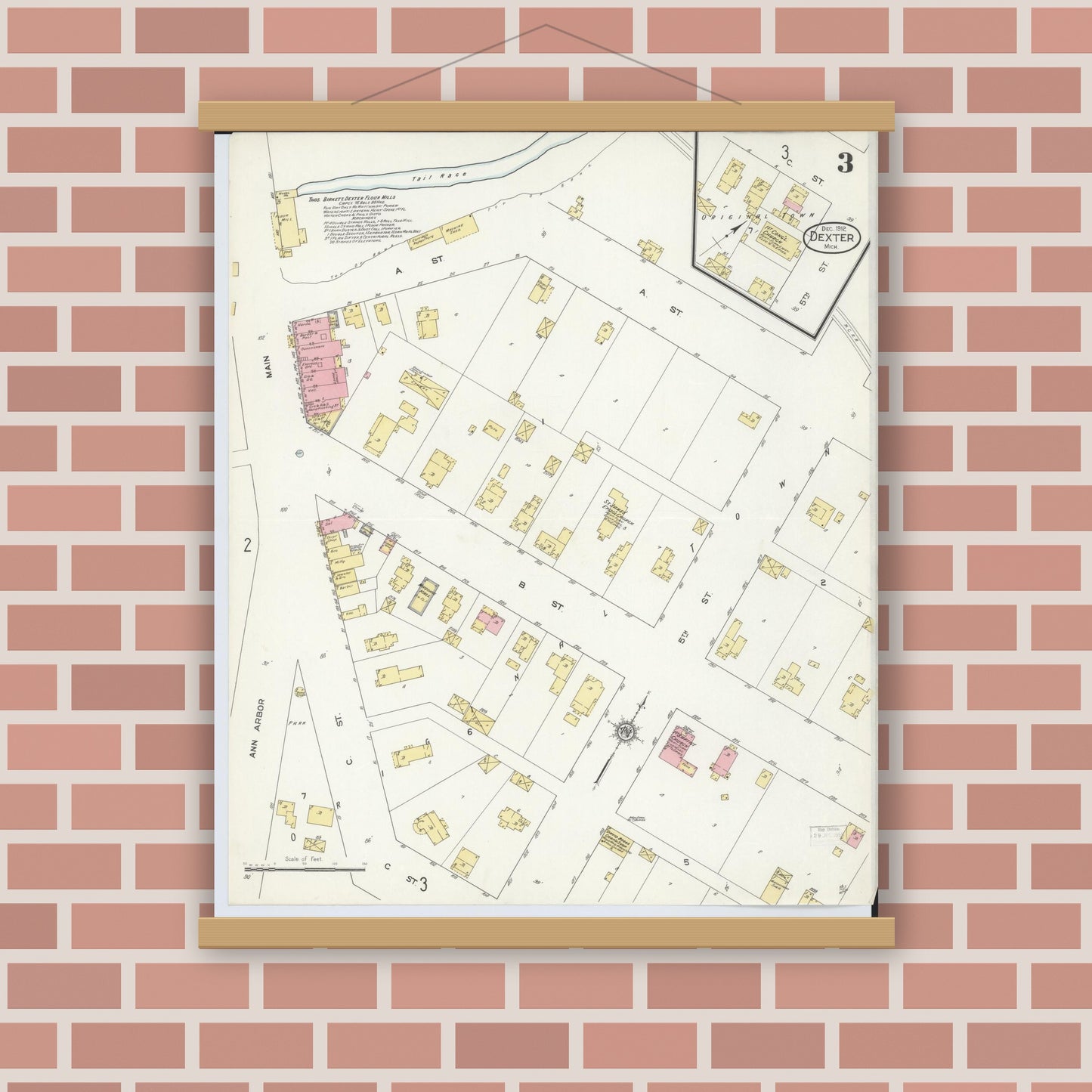 Old map wall art mockup — magnetic wood frame on brick wall — Sanborn Fire Insurance Map from Dexter, Washtenaw County, Michigan (1912), Sheet #0003