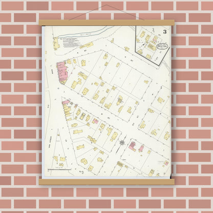 Old map wall art mockup — magnetic wood frame on brick wall — Sanborn Fire Insurance Map from Dexter, Washtenaw County, Michigan (1912), Sheet #0003