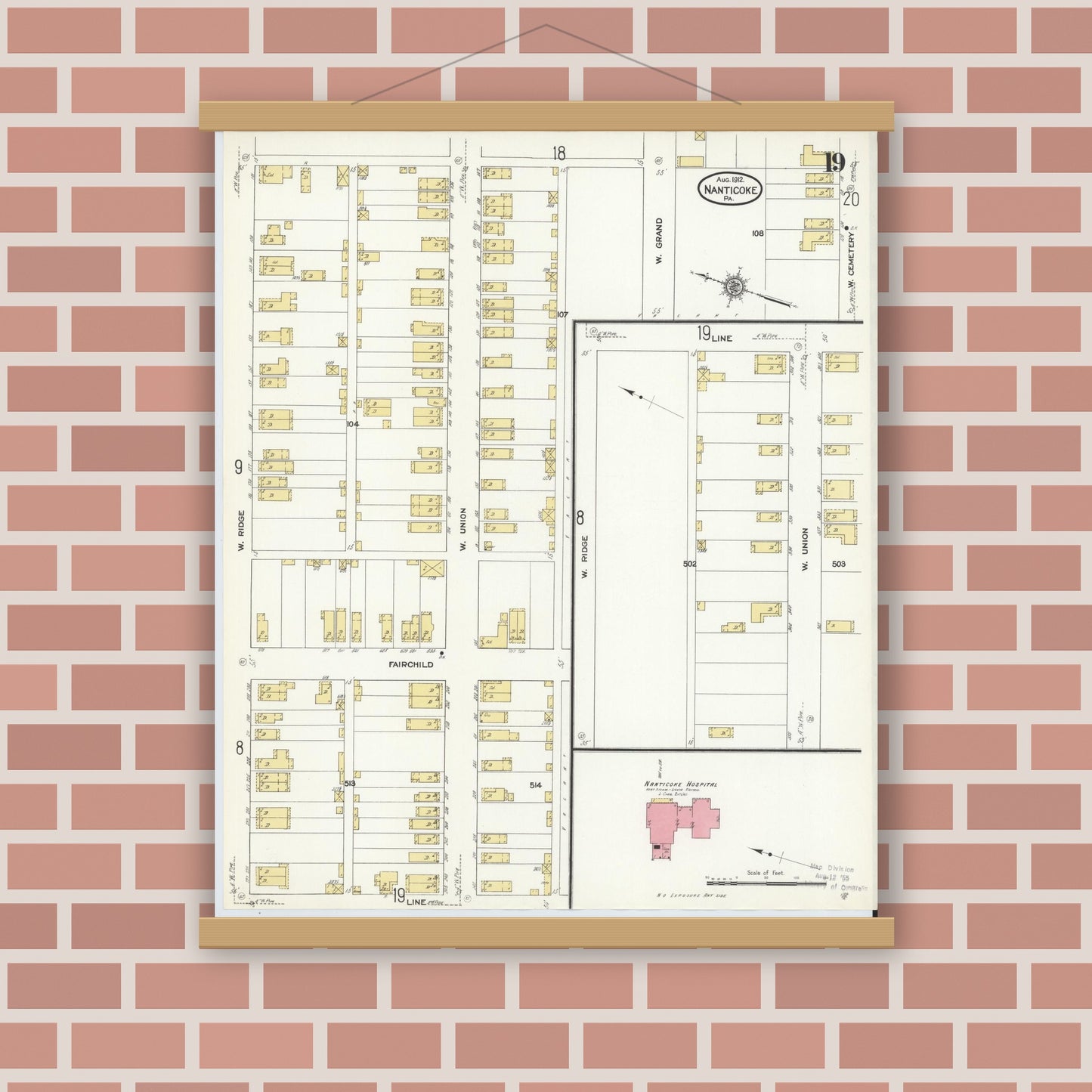 Old map wall art mockup — magnetic wood frame on brick wall — Sanborn Fire Insurance Map from Nanticoke, Luzerne County, Pennsylvania (1912), Sheet #0019
