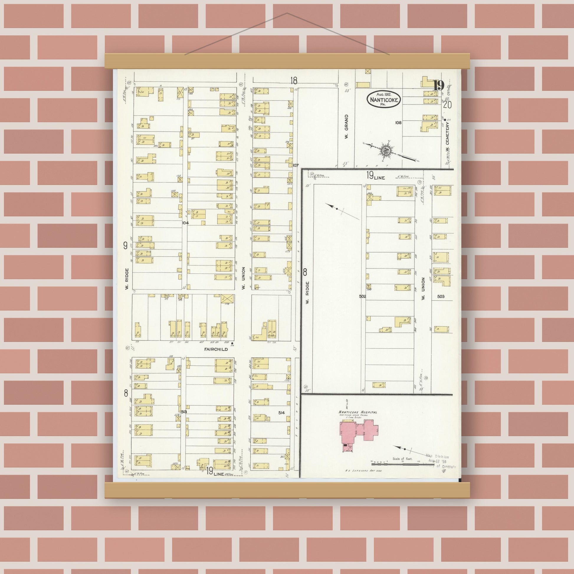 Old map wall art mockup — magnetic wood frame on brick wall — Sanborn Fire Insurance Map from Nanticoke, Luzerne County, Pennsylvania (1912), Sheet #0019