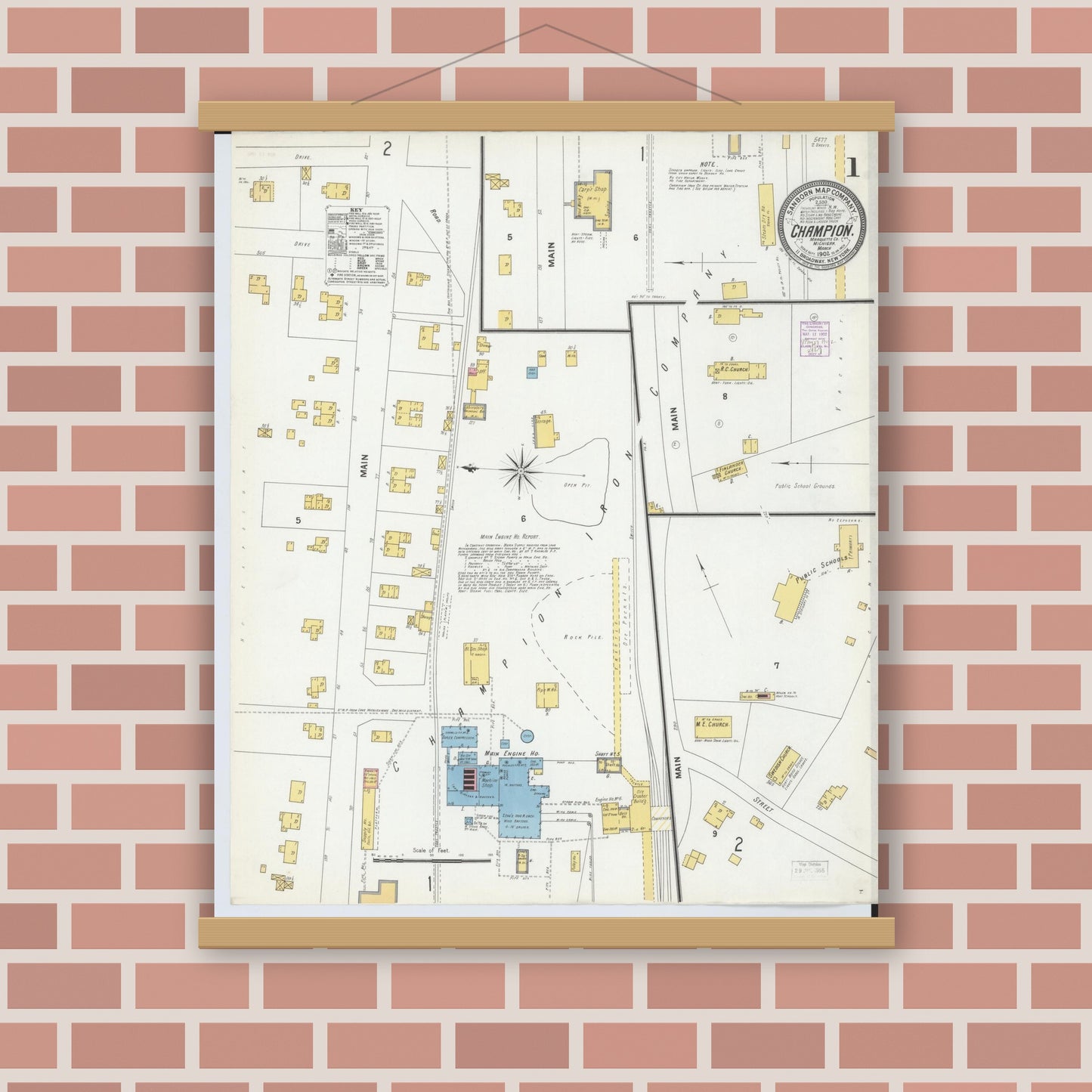 Old map wall art mockup — magnetic wood frame on brick wall — Sanborn Fire Insurance Map from Champion, Marquette County, Michigan (1902) - Complete Map Set