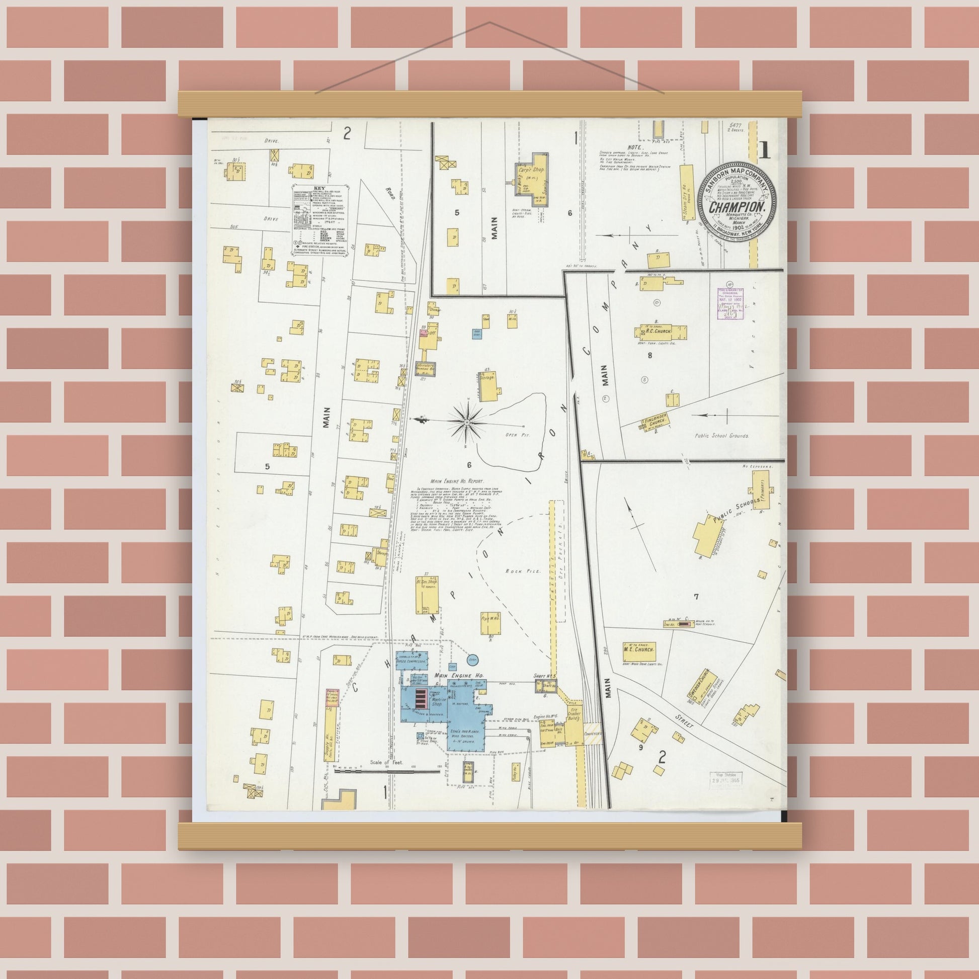Old map wall art mockup — magnetic wood frame on brick wall — Sanborn Fire Insurance Map from Champion, Marquette County, Michigan (1902) - Complete Map Set